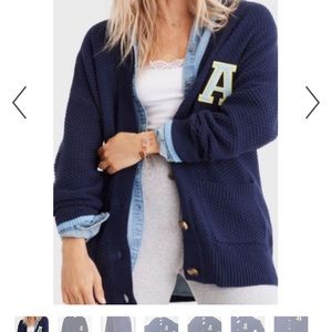 Aerie American Eagle Women large Cardigan Sweater Oversized Blue Varsity A